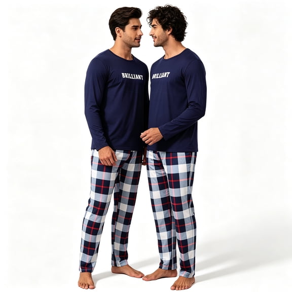 ZEFORTEX Men's Pajamas Set Long Sleeve Top with Plaid Pants Soft Sleepwear Loungewear