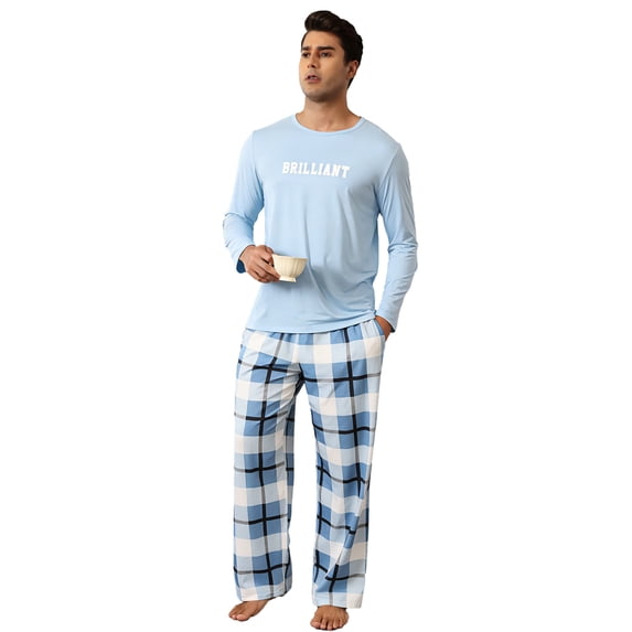 ZEFORTEX Men's Pajamas Set Long Sleeve Top with Plaid Pants Soft Sleepwear Loungewear