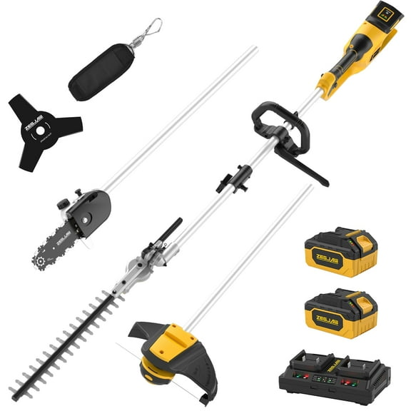 ZEGJAW 40V Cordless Weed Wacker, 8" Electric Pole Saw, Hedge Trimmer and Brush Cutter, 4-in-1 Multi Garden Tools with 2 * 20V 4Ah Battery and 1*Charger
