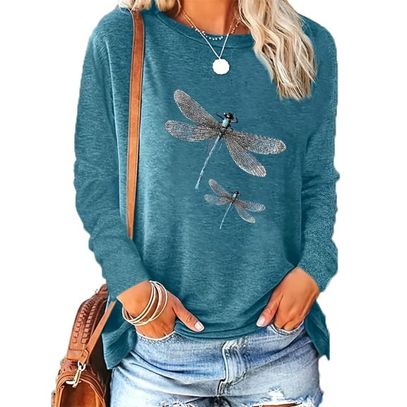 ZEHJUAN Women's Casual Dragonfly Print Top - Long Sleeve Crew Neck Shirt for Seasonal Wear Blue,XL