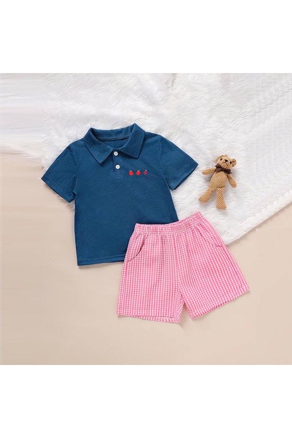 Baby Boy Back to School Set Apple Embroidery Short Sleeve Lapel T-shirt Striped Shorts Outfit Blue，8Y