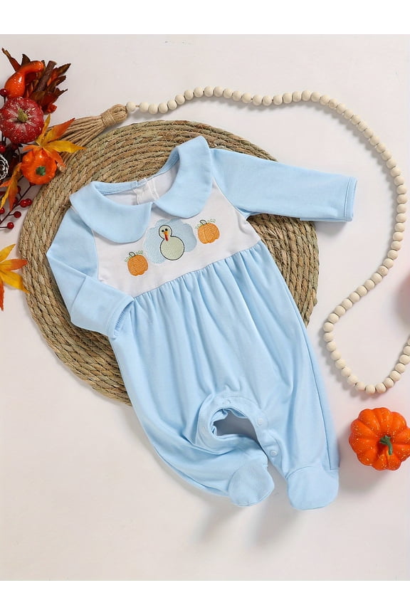 Baby Boy First Thanksgiving Outfit Turkey Pumpkin Print Embroidered Romper with Button Closure Blue,3-6M