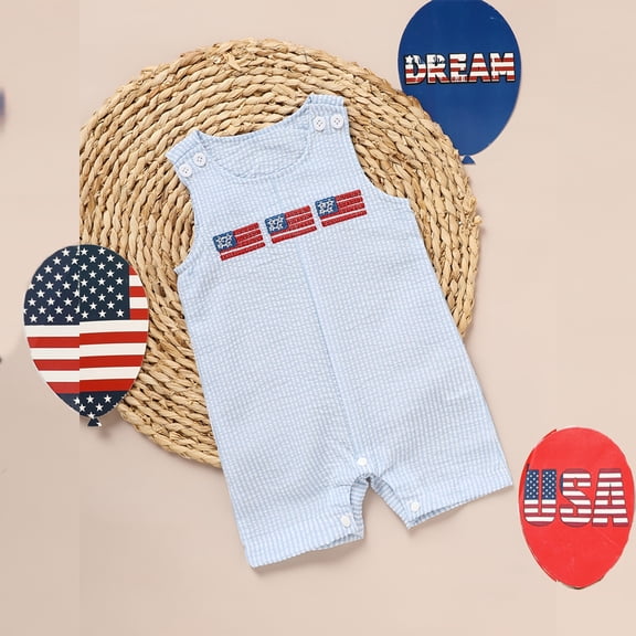ZEHJUHAN Baby Boy USA Flag Embroidery Short Sleeve Romper Button Closure For Patriotic Overalls Blue，12-18M