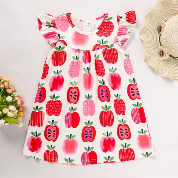 ZEHJUHAN Baby Girl Apple All-Over Print Round Neck Back to School Dress Flutter Sleeve A-Line Soft Dress Red,18-24M