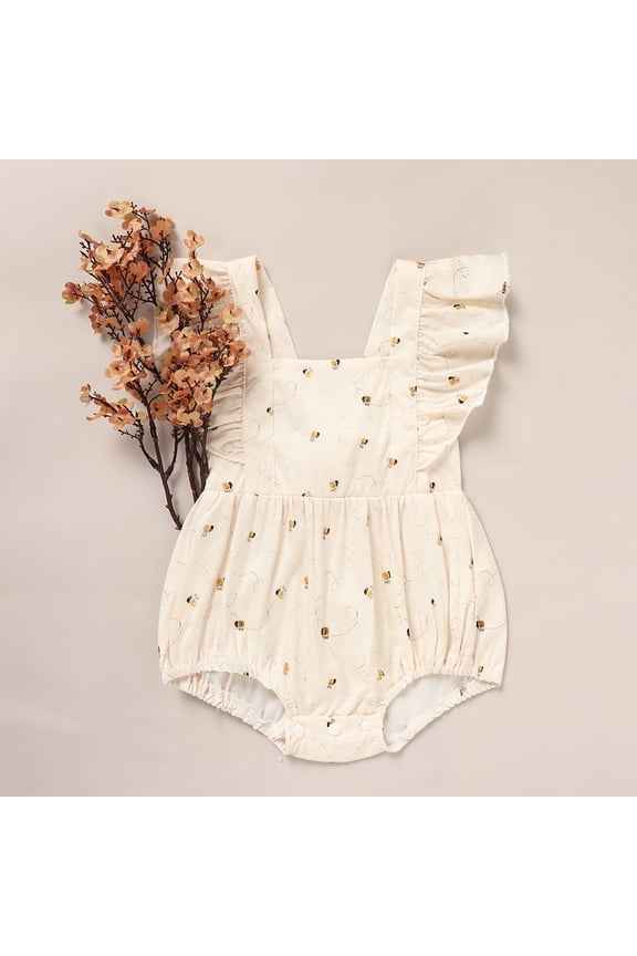 Baby Girl Cute Bee Print Ruffle Sleeve Backless Bodysuit with Bow Tie Snap Crotch,Aprioct 9-12M