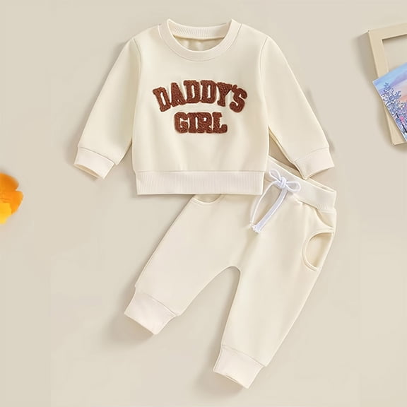 ZEHJUHAN Baby Girl Round Neck Long-Sleeve Letter Print Pullover & Pants Set with Drawstring Waist and Pocket Beige,2-3Y