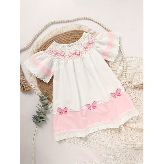 ZEHJUHAN Baby Girl Sweet Dress Flying Sleeve Round Neck Bow Embroidery & 3D Bow Decor for Spring Summer White,3-6M