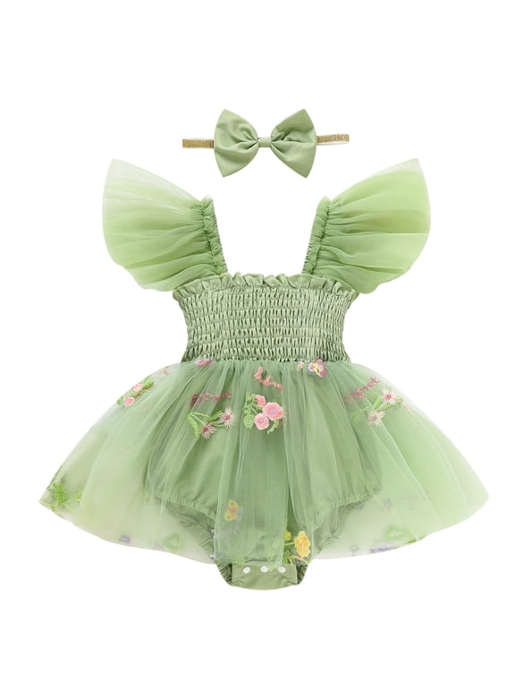 Baby Girl Tulle Romper Summer Bodysuit with Flutter Sleeves Floral Embroidery Cake Smash Outfit First Birthday Photo Shoot Green,0-3M