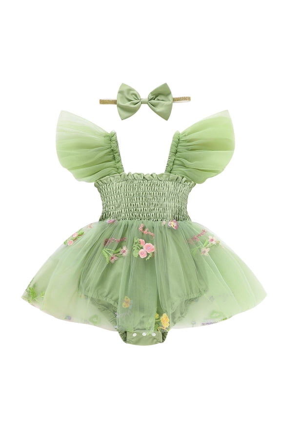 Baby Girl Tulle Romper Summer Bodysuit with Flutter Sleeves Floral Embroidery Cake Smash Outfit First Birthday Photo Shoot Green,0-3M
