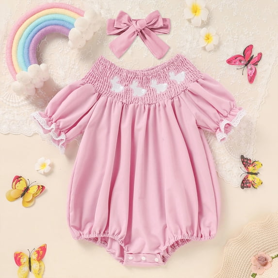 ZEHJUHAN Baby Girl's 2-Piece Romper Set, Bunny Embroidered Ruffle Crew Neck Puff Sleeve Onesie with Hair Bow Pink,3-6M