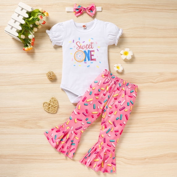 ZEHJUHAN Baby Girl's Birthday 3-Piece Set: Cartoon Letter Round Neck Short Sleeve Romper, Flare Pants & Headband Pink,9-12M(90)