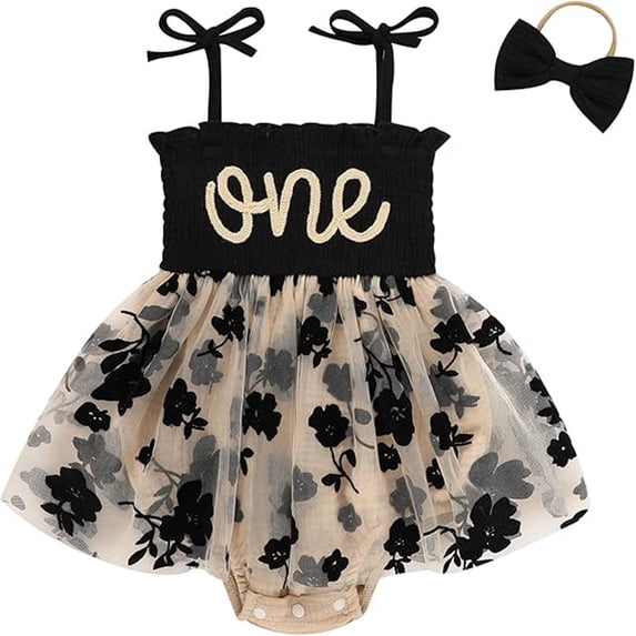 ZEHJUHAN Baby Girl's Birthday Sleeveless Printed Mesh Tutu Romper with Bow Headband, Letter & Ruffle Detail Apricot & Black,12-18M