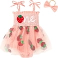 thumbnail image 1 of ZEHJUHAN Baby Girl's Birthday Sleeveless Printed Mesh Tutu Romper with Bow Headband, Letter & Ruffle Detail Pink，9-12M, 1 of 6
