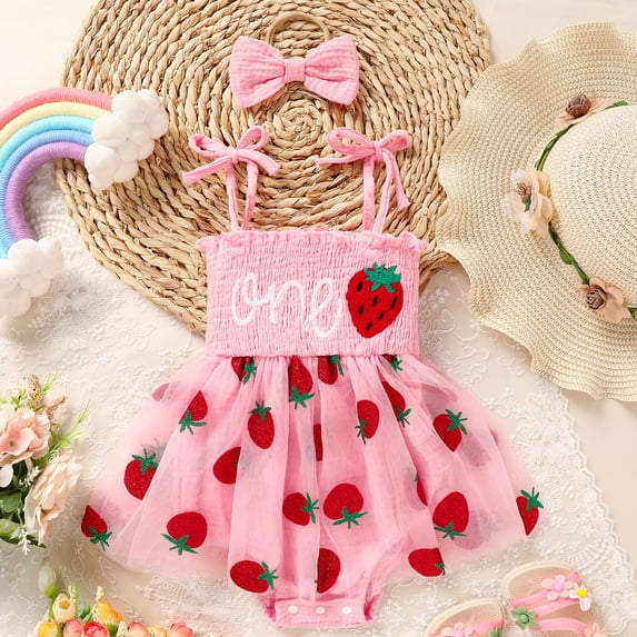 ZEHJUHAN Baby Girl's Birthday Sleeveless Printed Mesh Tutu Romper with Bow Headband, Letter & Ruffle Detail Pink2,12-18M