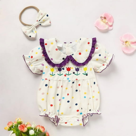 ZEHJUHAN Baby Girl's Polka Dot Tulip Embroidered Romper Set, Peter Pan Collar Bubble Sleeve Onesie with Hair Bow Beige,3-6M