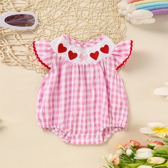 ZEHJUHAN Baby Girl's Short Sleeve Checkered Romper Heart Embroidery Ruffle Detail Back Button Onesie Pink,0-3M
