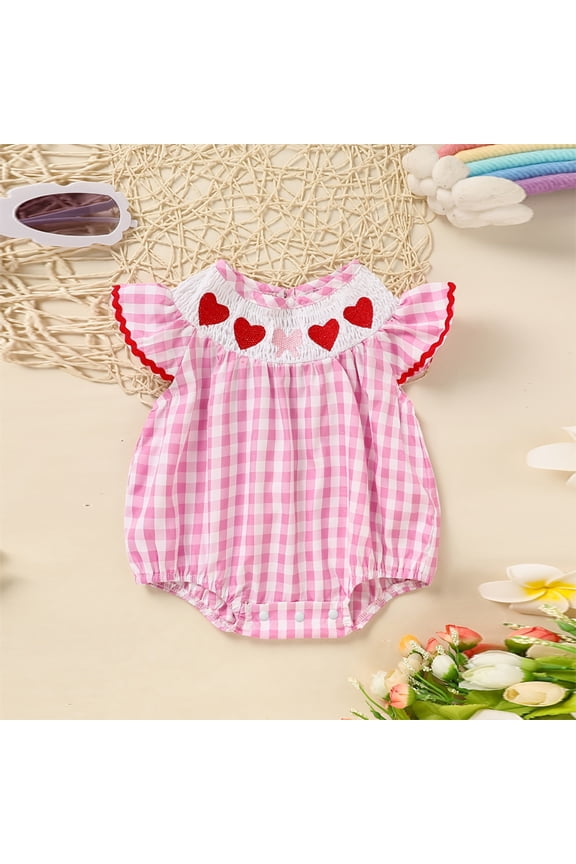 Baby Girl's Short Sleeve Checkered Romper Heart Embroidery Ruffle Detail Back Button Onesie Pink，9-12M