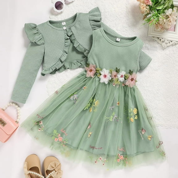 ZEHJUHAN Baby Girl's Sleeveless Flower Applique Mesh Tutu Dress Lace Button Cardigan Set for Party Green，6-12M