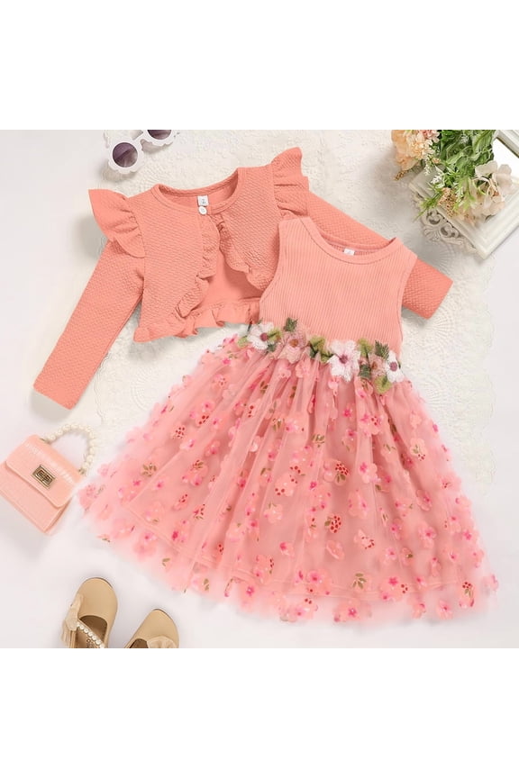 Baby Girl's Sleeveless Flower Applique Mesh Tutu Dress Lace Button Cardigan Set for Party Pinkļ¼12-18M