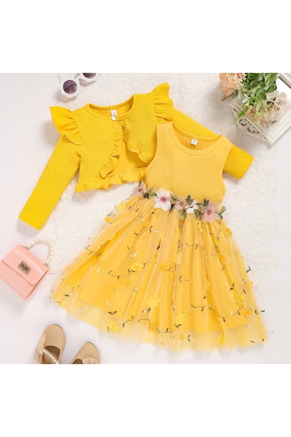 Baby Girl's Sleeveless Flower Applique Mesh Tutu Dress Lace Button Cardigan Set for Party Yellow，12-18M