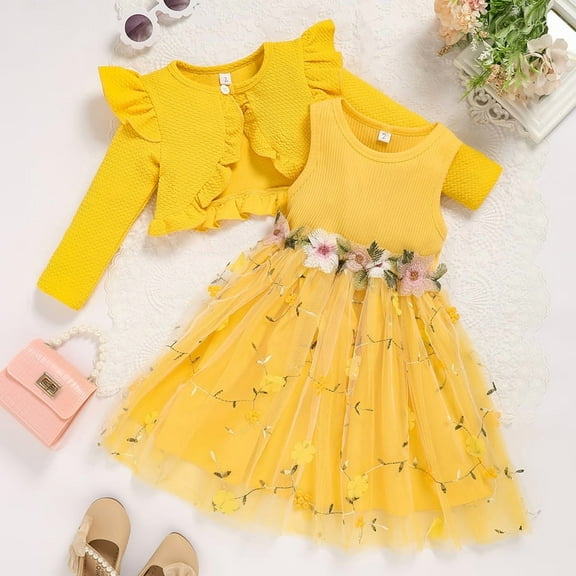 ZEHJUHAN Baby Girl's Sleeveless Flower Applique Mesh Tutu Dress Lace Button Cardigan Set for Party Yellow,3-6M