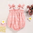 thumbnail image 1 of ZEHJUHAN Baby Girl's Sleeveless Ruffle Print Bow Strap Romper, Lace Trim Jumpsuit with Snap Closure Pink bow 2，6-9M, 1 of 7