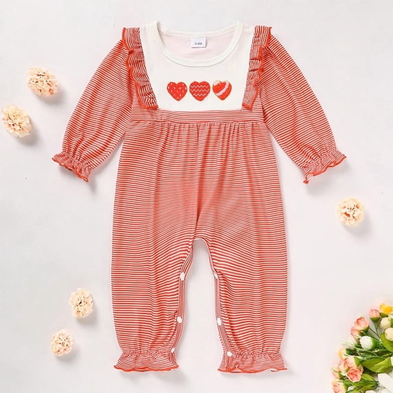 ZEHJUHAN Baby Girl's Valentine Romper, Long Sleeve Heart Terrycloth Embroidered Striped Onesie with Ruffle Trim Red,3-6M