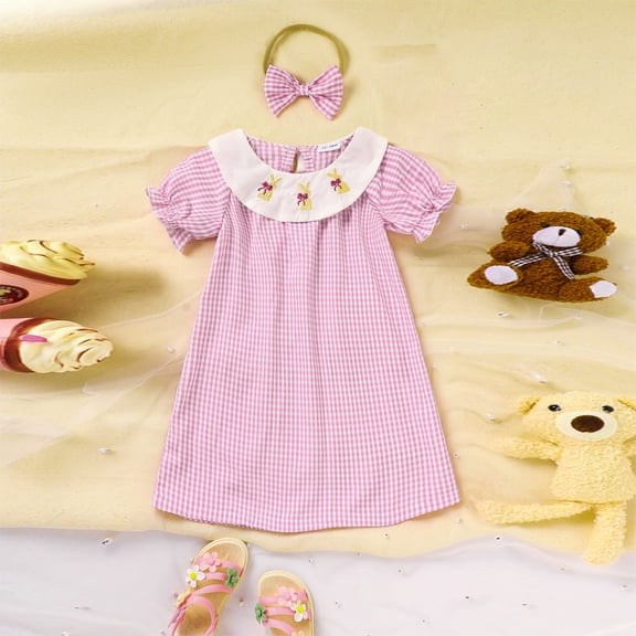ZEHJUHAN Baby Girls' Bunny Embroidered Dress, Checkered Short Sleeve A-Line Dress with Bow For Spring Pink,3-6M