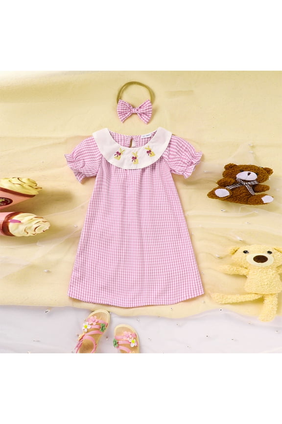 Baby Girls' Bunny Embroidered Dress, Checkered Short Sleeve A-Line Dress with Bow For Spring Pink,3-6M