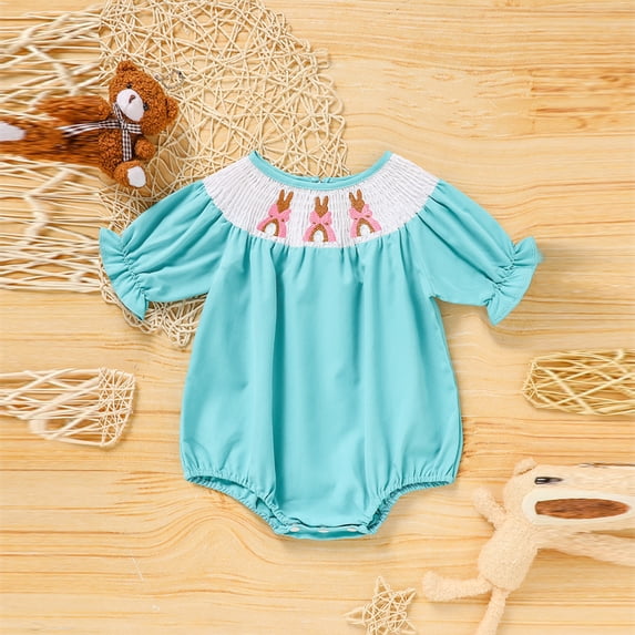 ZEHJUHAN Baby Girls' Bunny Embroidered Romper, Checkered Pattern Bubble Sleeve Onesie Toddler Summer Clothes Green,3-6M
