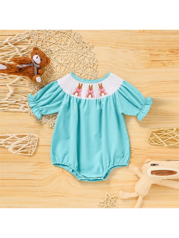 Baby Girls' Bunny Embroidered Romper, Checkered Pattern Bubble Sleeve Onesie Toddler Summer Clothes Green,3-6M