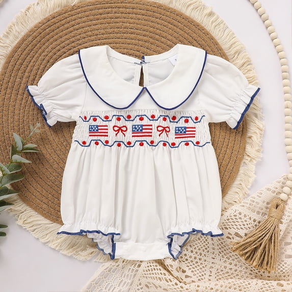 ZEHJUHAN Baby Girls Independence Day Romper Peter Pan Collar Flag & Bow Embroidery Back Button Closure White,3-6M