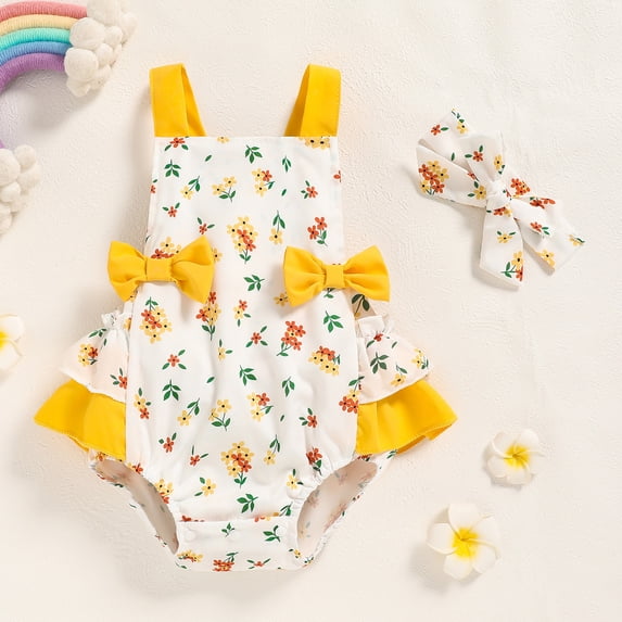 ZEHJUHAN Baby Girls' Ruffle Sleeveless Halter Romper + Headband Set, Bow Print Summer Outfit with Snap Closure Yellow,12-18M