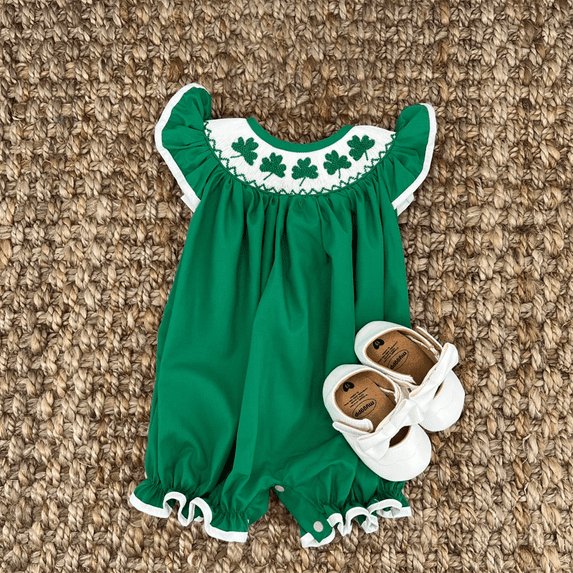 ZEHJUHAN Baby Girls' Short Sleeve Romper, Clover Embroidered Ruffle Trim Playsuit with Snap Closure Green,3-6M