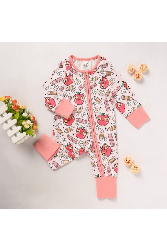 Baby Infant Back to School Romper Long Sleeve Apple & Pencil Print Zipper Onesie Outfit Pink，1-3M