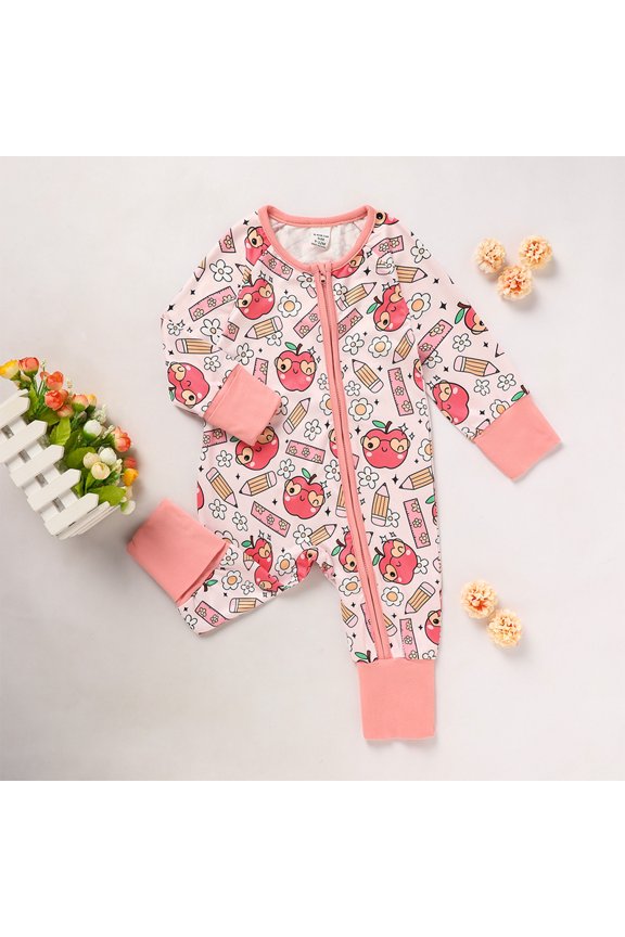 Baby Infant Back to School Romper Long Sleeve Apple & Pencil Print Zipper Onesie Outfit Pink，6-9M