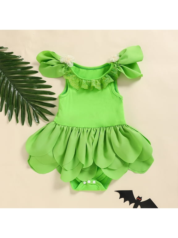Baby Newborn Solid Color Halloween Elf Bodysuit Sleeveless Lace Floral Bubble Romper Green,12-18M