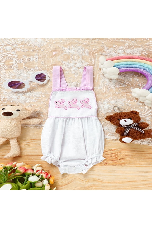 Baby Sweet Bunny Romper, Adjustable Strap Onesie with Ruffle Trim and Snap Closure For Spring White,6-9M