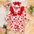 thumbnail image 1 of ZEHJUHAN Baby Valentine's Day Romper, Long Sleeve Heart Print Bodysuit with Bow & Ruffle Trim For Spring Fall Red，0-3M, 1 of 9