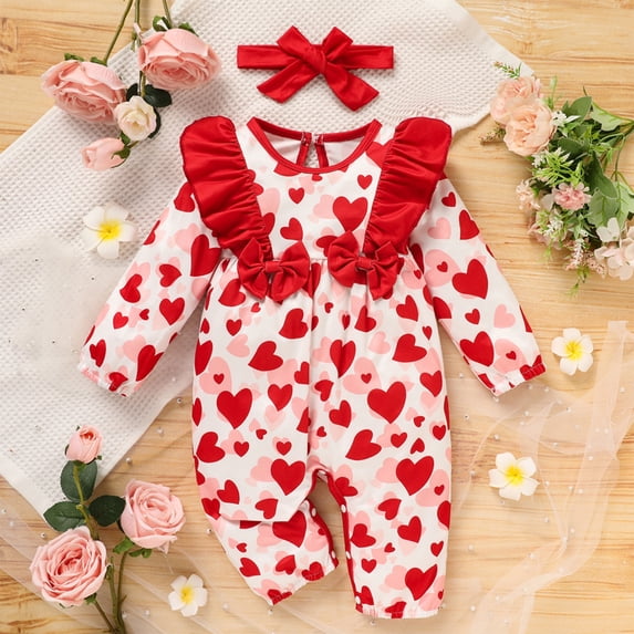 ZEHJUHAN Baby Valentine's Day Romper, Long Sleeve Heart Print Bodysuit with Bow & Ruffle Trim For Spring Fall Red,0-3M