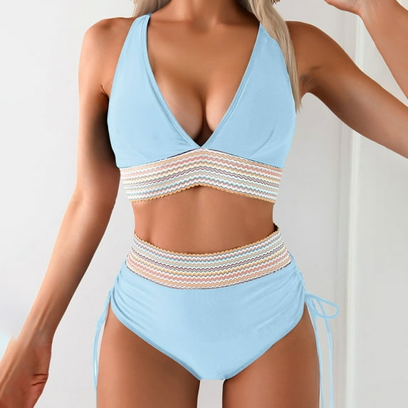 ZEHJUHAN Color Block High Waist Bikini Set - Two-Piece Tummy Control Swimsuit with Backless Design For Women Light Blue，L