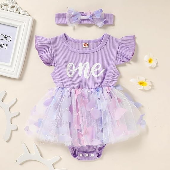 ZEHJUHAN Girl's "ONE" Birthday Princess Dress Set: Ribbed Knit Tulle Romper with Headband, Sequin & Ruffle Detail Purple,12-18M(100)