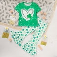 thumbnail image 1 of ZEHJUHAN Girls' Cute Clover Print 2-Piece Set, Short Sleeve Round Neck T-Shirt and Flare Leg Pants Outfit Green，S, 1 of 10
