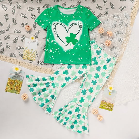 ZEHJUHAN Girls' Cute Clover Print 2-Piece Set, Short Sleeve Round Neck T-Shirt and Flare Leg Pants Outfit Green,S