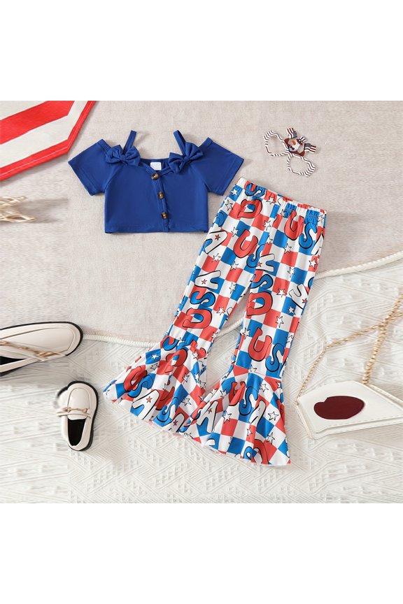 Girls' Fashion Strap Two-Piece Set Bow Button-Front Short Sleeve Top & Printed Flare Leg Pants Summer Outfit Blue,6Y