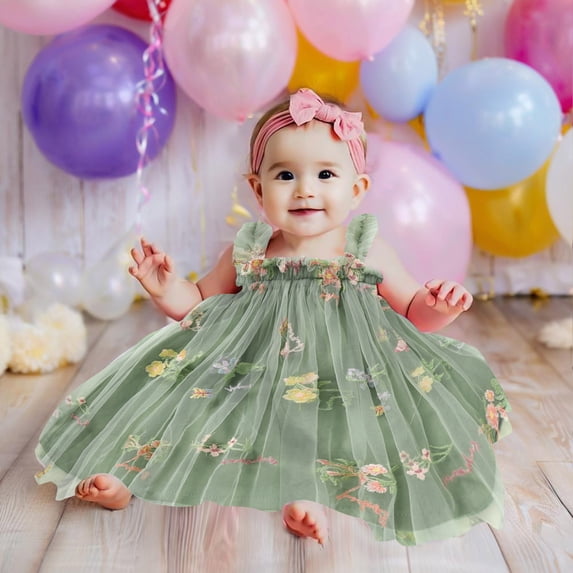 ZEHJUHAN Girls' Sleeveless Printed Mesh Tutu Dress with Flower Headband, Fluffy A-Line Summer Party Dress Green,12-18M