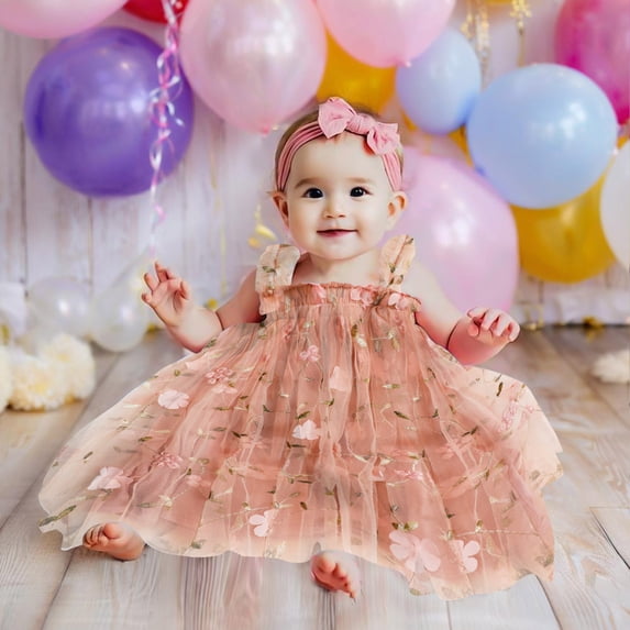 ZEHJUHAN Girls' Sleeveless Printed Mesh Tutu Dress with Flower Headband, Fluffy A-Line Summer Party Dress Pink,3-6M