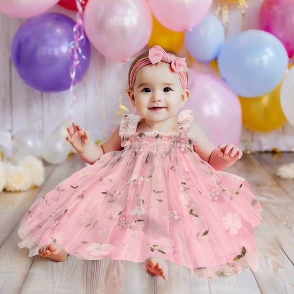 ZEHJUHAN Girls' Sleeveless Printed Mesh Tutu Dress with Flower Headband, Fluffy A-Line Summer Party Dress Pink2,6-12M