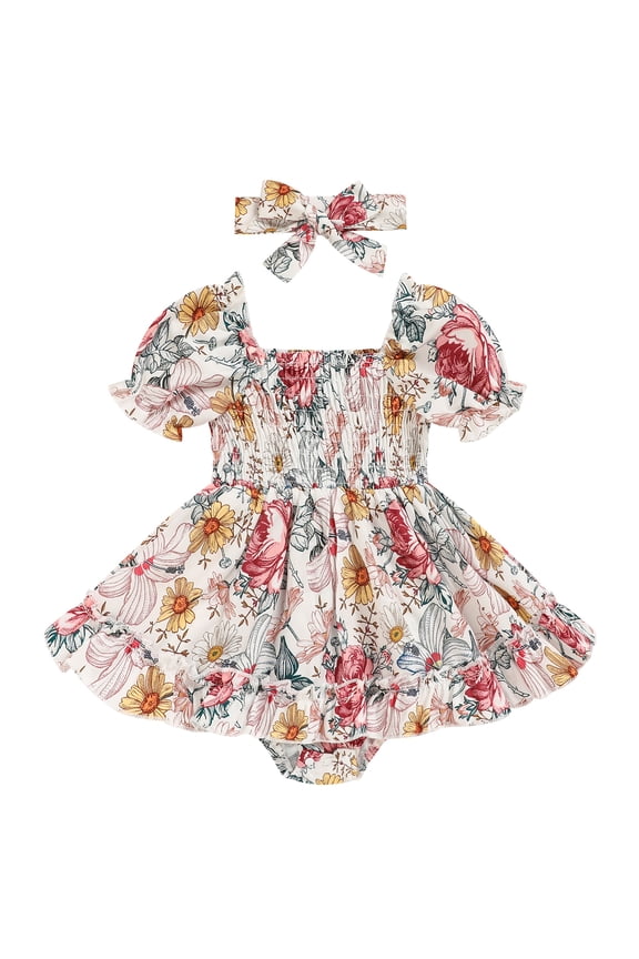 Infant Girls Smocked Bubble Romper Dress Short Puff Sleeves with Matching Headband Multicolor，0-3M