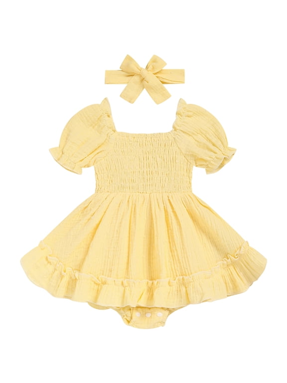 Infant Girls Smocked Bubble Romper Dress Short Puff Sleeves with Matching Headband Yellow,3-6M